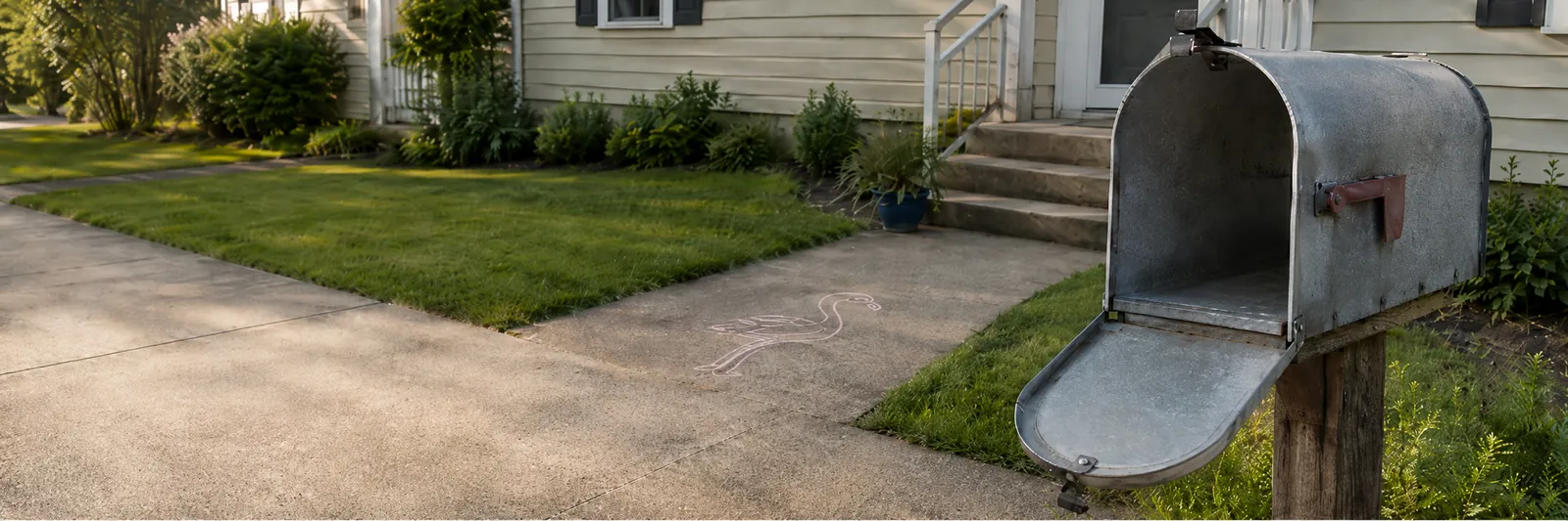A weathered metal mailbox standing open beside a suburban front walk, with a flamingo drawn in chalk on the pavement.