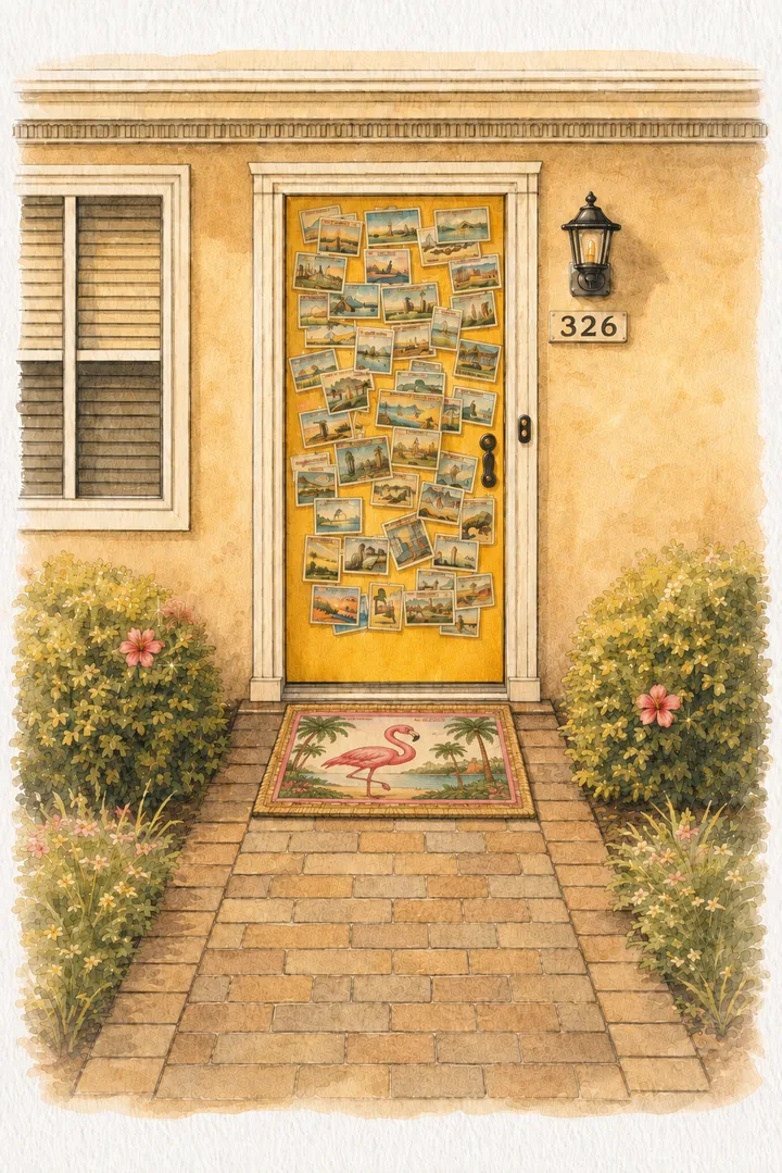 Illustration of Patsy’s yellow front door covered in travel postcards, with a flamingo doormat on the walk.