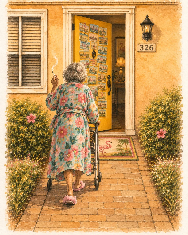 Illustration of Patsy walking with her walker toward her postcard-covered front door, smoking, with a flamingo doormat.