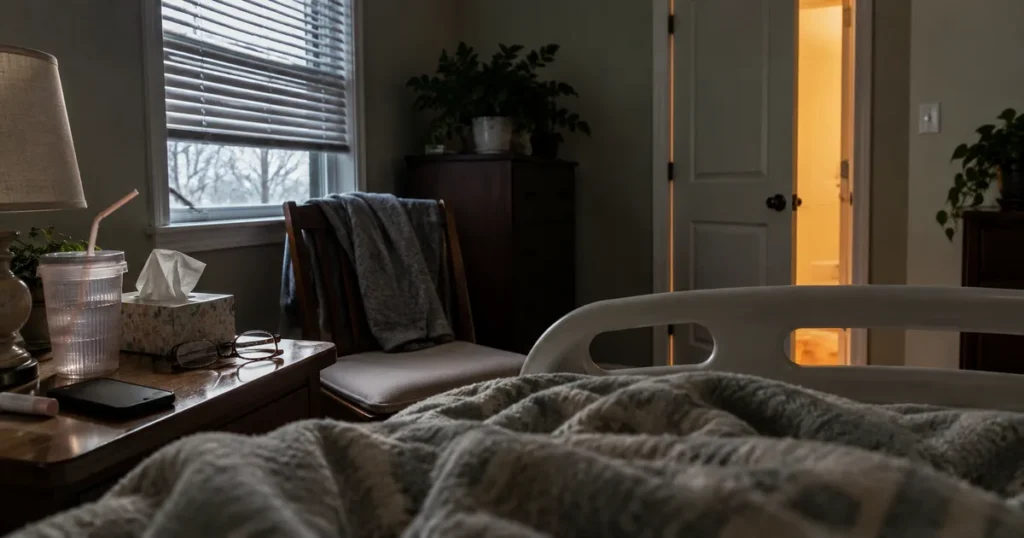 A quiet bedroom with a hospital bed in the foreground, a bedside table with tissues, reading glasses and a cup with a straw, and warm light from an open bathroom door.